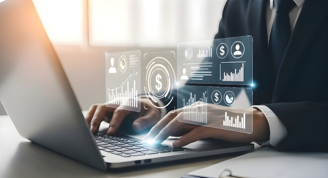 Businessman analyzing financial data on laptop with holographic display of charts and graphs