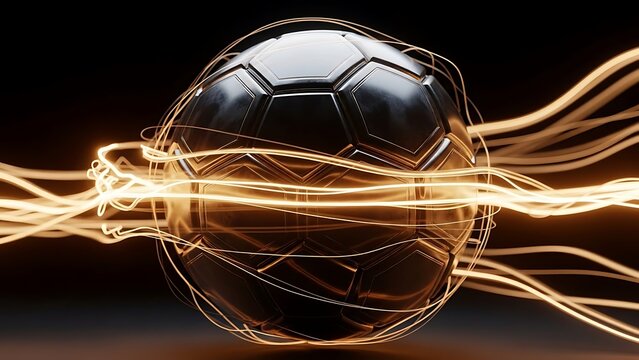 Futuristic soccer ball with glowing orange energy trails on a dark background