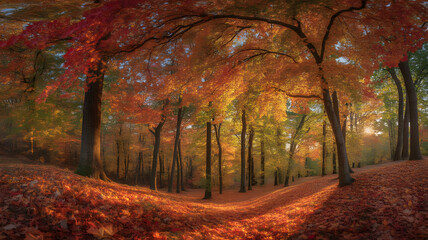 Panoramic view of autumn forest landscape with vibrant foliage creates immersive experience in nature during fall season with warm sunlight and colorful leaves