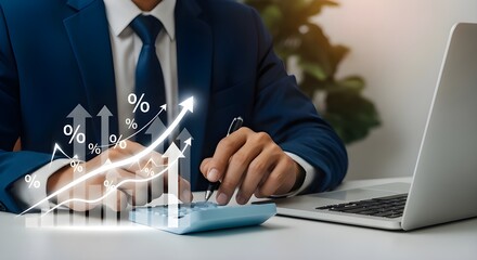 Financial growth analysis with calculator and laptop in office setting for investment