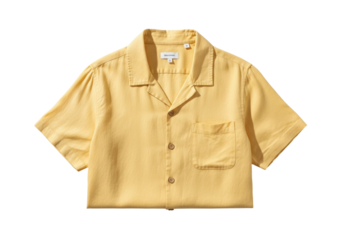 Isolated cotton short sleeved shirt, Cuban collar, mustard yellow casual buttoned shirt, flat lay