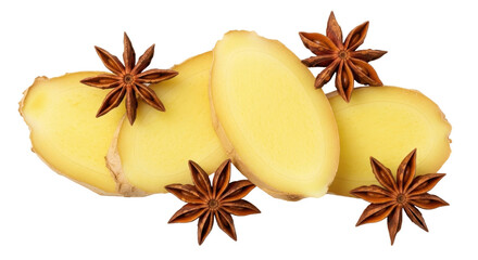 Isolated arrangement of ginger slices and star anise pods with vibrant color and texture