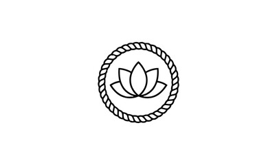 Lotus Flower Line Icon in Round Rope Frame, Minimalist Yoga, Spa, or Meditation Symbol with Rope Border, Modern Monoline Emblem of Water Lily and Nautical Cord, Outline Vector Logo of Purity,