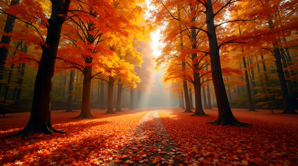 Sunlight Streams Through Autumn Forest Illuminating Leaf Covered Path Creating Serene and Inviting Fall Scenery for Scenic Walk