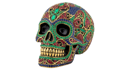 Isolated ornamented human skull decorated with gemstones, artful design, front view