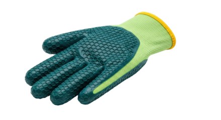 Isolated work glove showing the palm with green honeycomb pattern and yellow trim wristband