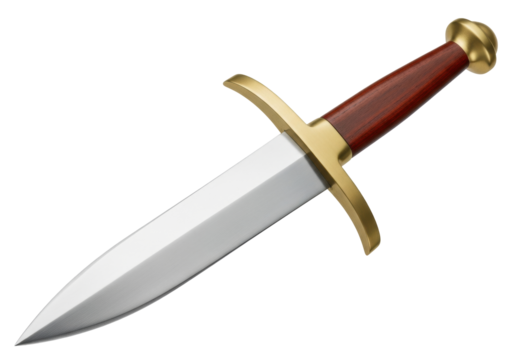 Isolated medieval dagger, antique bladed weapon with cross guard and wood grip artifact