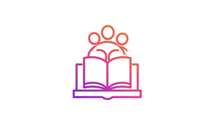 A vibrant, stylized icon of a book and people in gradient shades of purple, pink, and orange against white