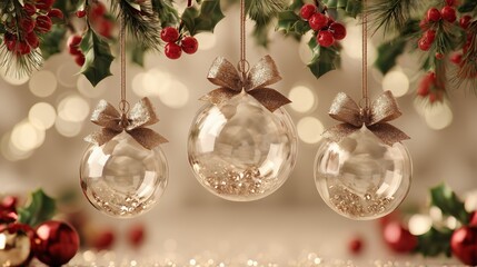 elegant christmas crystal baubles with gold accents and festive greenery