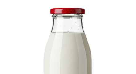 Isolated traditional glass milk bottle with red cap, healthy organic dairy product close-up