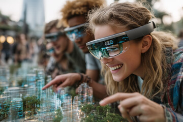 Future City Planning: Friends Engage with Holographic Architectural Model in a Modern Urban Park