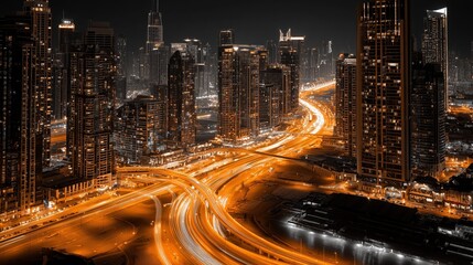 luxurious golden night cityscape with glowing skyscrapers and flowing light trails
