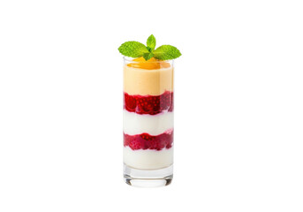 Isolated fruit dessert with yogurt and berries in a glass, garnished with mint leaves