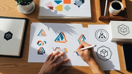 Designer sketching various logo concepts on paper at wooden desk in bright studio, exploring different shapes and styles for branding project.