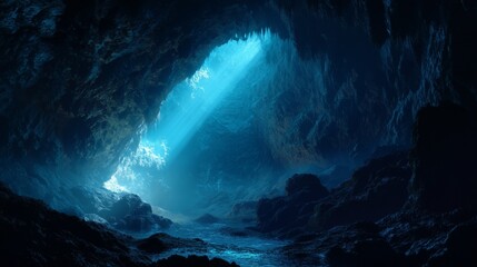 mysterious fantasy cave landscape with glowing blue light and ethereal atmosphere