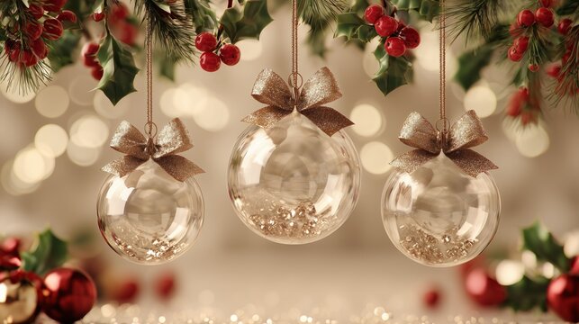 elegant christmas crystal baubles with gold accents and festive greenery