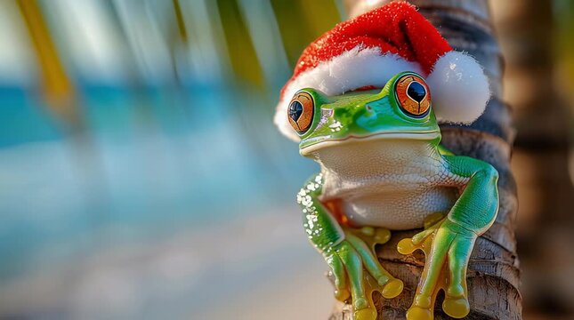 A frog wearing a Santa Claus hat is sitting on a tropical palm tree, with a blurred background of the ocean and sky.	