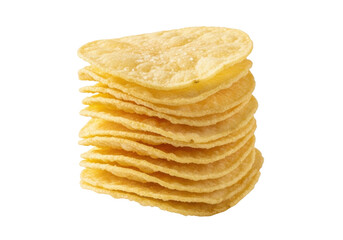 Isolated stack of crispy potato chips close up, light snack for salty craving, simple food