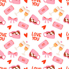 Romantic Seamless Pattern with Cocoa and Love Symbols. Valentines pattern with pink mugs, hearts, wine glasses, love coupons, and bows, perfect for wrapping paper, greeting cards.