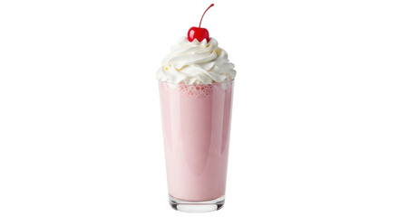 Isolated strawberry milkshake in glass with whipped cream and cherry on top, close up
