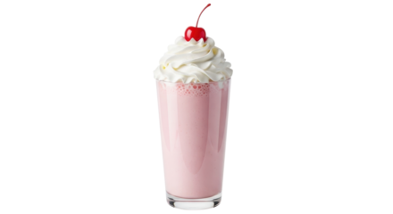 Isolated strawberry milkshake in glass with whipped cream and cherry on top, close up