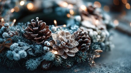 Beautiful christmas wreath decorated with frosted pinecones, winter foliage, and warm glowing fairy lights, perfect for holiday decor