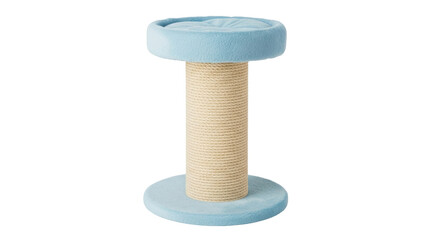 Isolated cat scratching post with platform in blue and beige durable rope fabric design