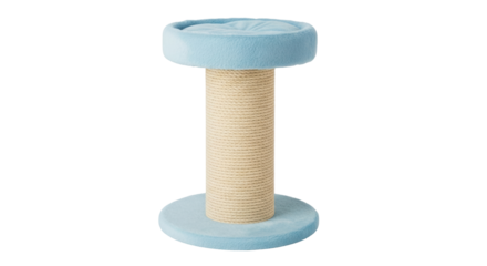 Isolated cat scratching post with platform in blue and beige durable rope fabric design