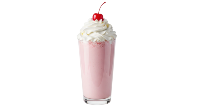 Isolated strawberry milkshake in glass with whipped cream and cherry on top, close up