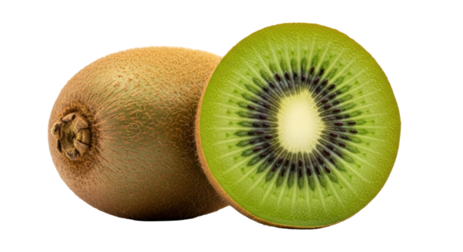 Isolated fresh kiwi fruit still life with half slice cut, healthy delicious snack food