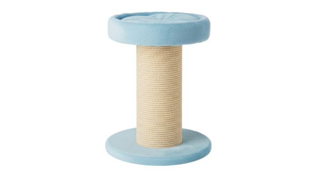 Isolated cat scratching post with platform in blue and beige durable rope fabric design
