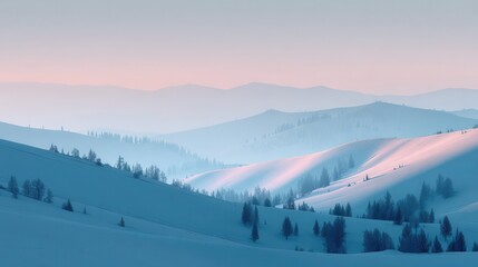 Serene winter landscape with snowcovered mountains, valleys, and evergreen trees under a soft, pastel morning sky