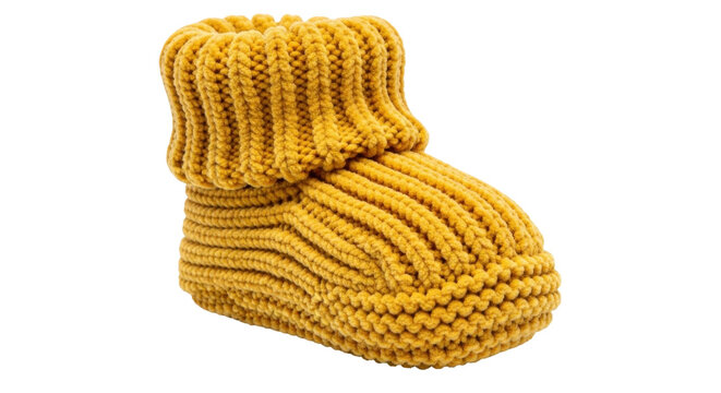 Isolated knitted baby bootie shoe with cuffs, comfortable and warm winter footwear for newborns