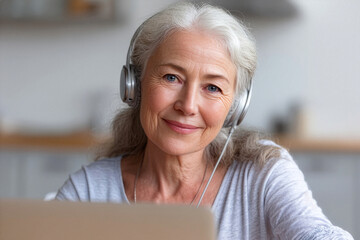 Smiling senior woman wearing headphones enjoying music and using her laptop at home.
