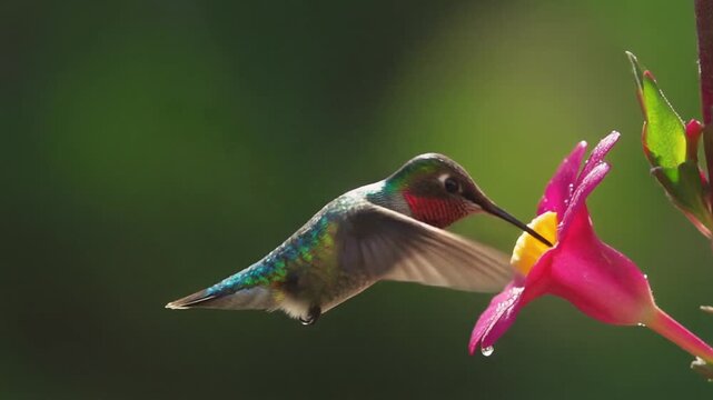 Beautiful Male Rubythroated Hummingbird Feeding on Pink Flower Nectar.