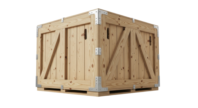 Isolated sturdy wooden shipping crate with metal corner brackets, pallet base, transport