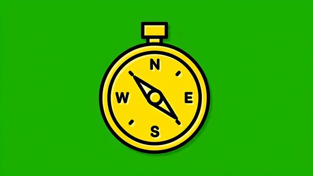 A simple yellow compass with a black outline is shown against a solid green background, indicating direction