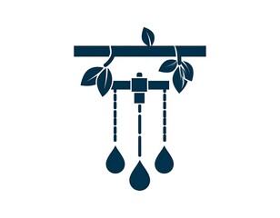 Branch with leaves, water droplets hanging, stylized, isolated on white