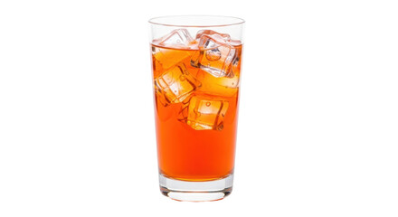 Isolated orange drink filled with ice cubes in a clear glass cup for summer refreshment