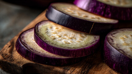 Close up of sliced eggplants on a wooden board highlighting the texture and natural colors of the vegetable