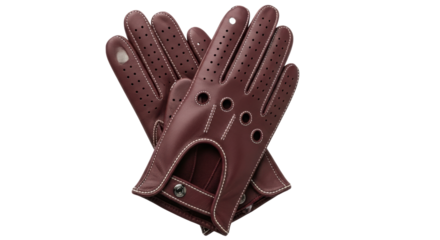 Isolated leather driving gloves pair in red brown color, perforated gloves for car racers