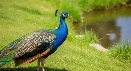 Obraz premium Peacock Near Water with Iridescent Plumage. Colorful Peacock on Grassy Area by Pond. Peacock Showcasing Feathers in Natural Light.