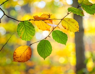 Branch with colorful leaves shows transition from green to yellow/orange against a bright, out-of-focus woodland