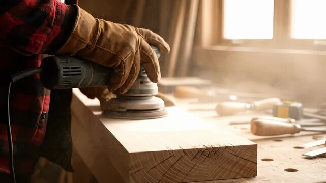 Craftsman uses electric sander on wooden plank in workshop. Dust fills air, creating warm atmosphere. Focus on craftsmanship and attention to detail.