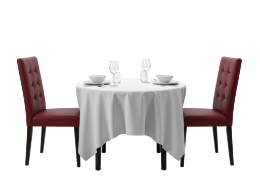 Perfectly set round dining table for two with white linen, ceramic plates, silver cutlery, crystal glasses, and elegant dark wood crimson leather chairs on a transparent background, intimate luxury