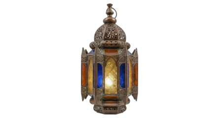 Isolated ornate bronze hanging lantern with colored glass panels in the Middle Eastern style