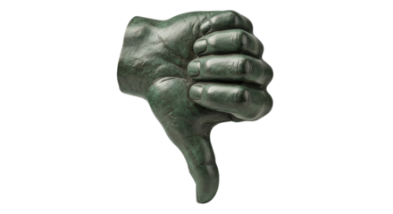 Isolated bronze hand sculpture gesture showing thumbs down symbol, critique, bad choice