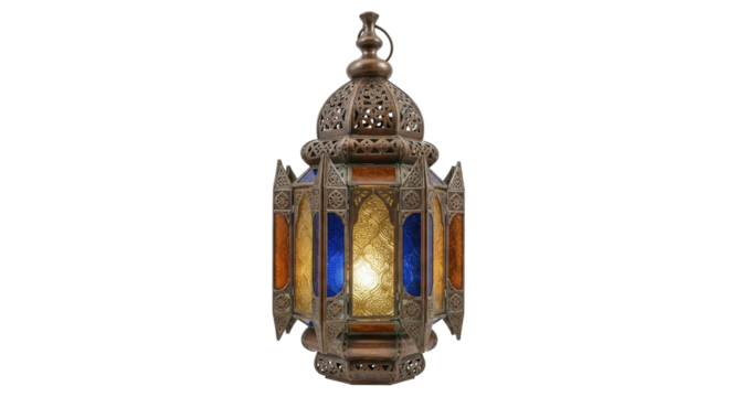 Isolated ornate bronze hanging lantern with colored glass panels in the Middle Eastern style