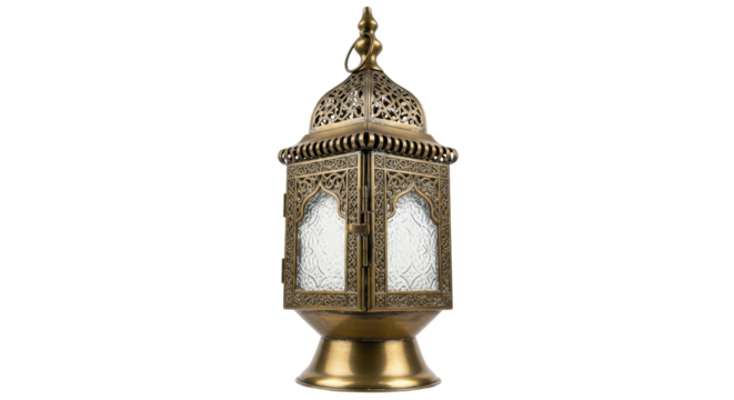 Isolated decorative brass Moroccan lantern, ethnic lamp with Middle Eastern design style.