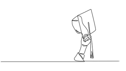 Hand holding graduation hat continuous one line drawn animation. Education hat in arm line art video, Animation of single one line drawing 2 hands holding graduation cap and piggy bank. Success